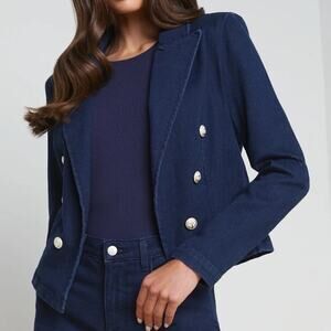 L'Agence Wayne Cropped Denim Blazer Palomino Anchor Buttons Dark Wash Large NWT